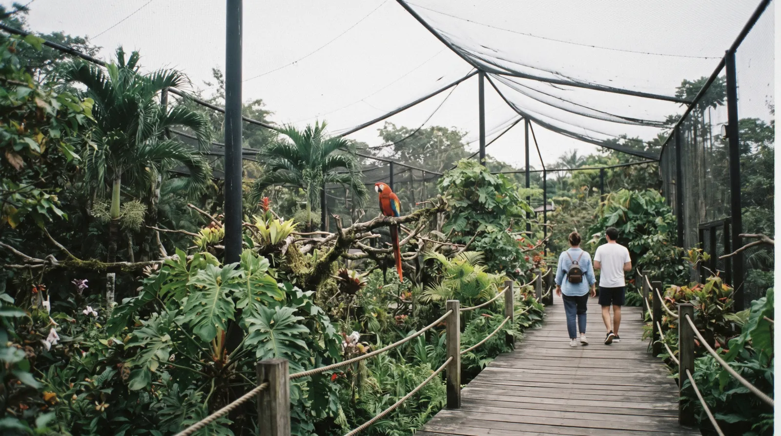 A brightly coloured tropical bird on a branch inside the walk-through trail of the Aviario Nacional de Colombia near Cartagena