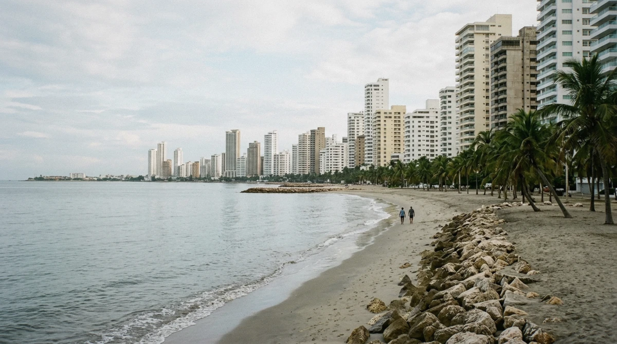 The tower-lined beach at Bocagrande on a Cartagena, Colombia city guide