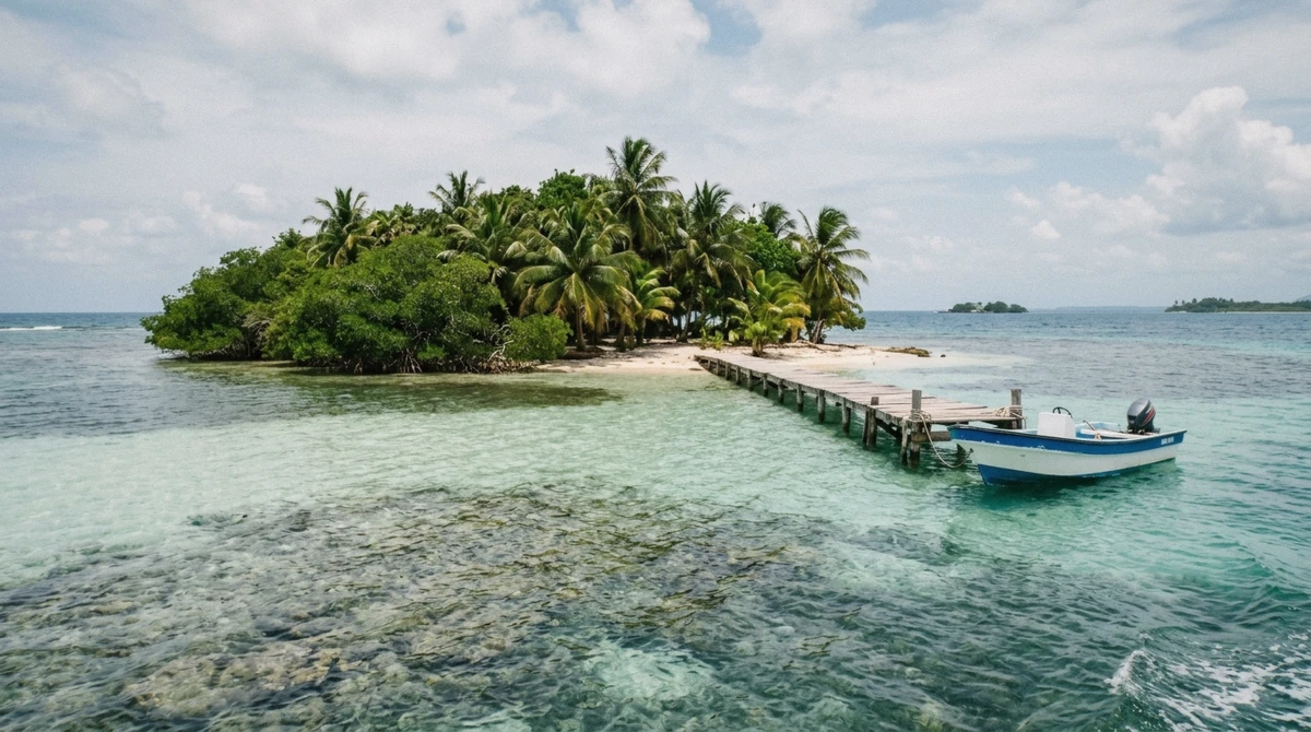A coral cay and jetty in the Islas del Rosario near Cartagena, Colombia