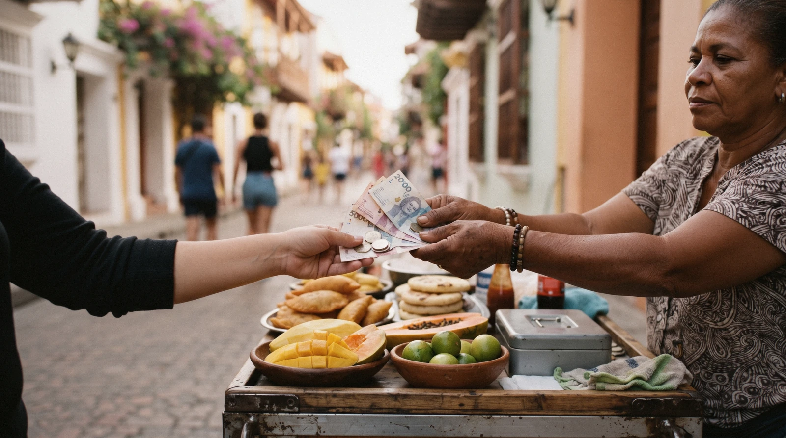 Coins and pesos on a café table, cartagena costs for a day of sightseeing