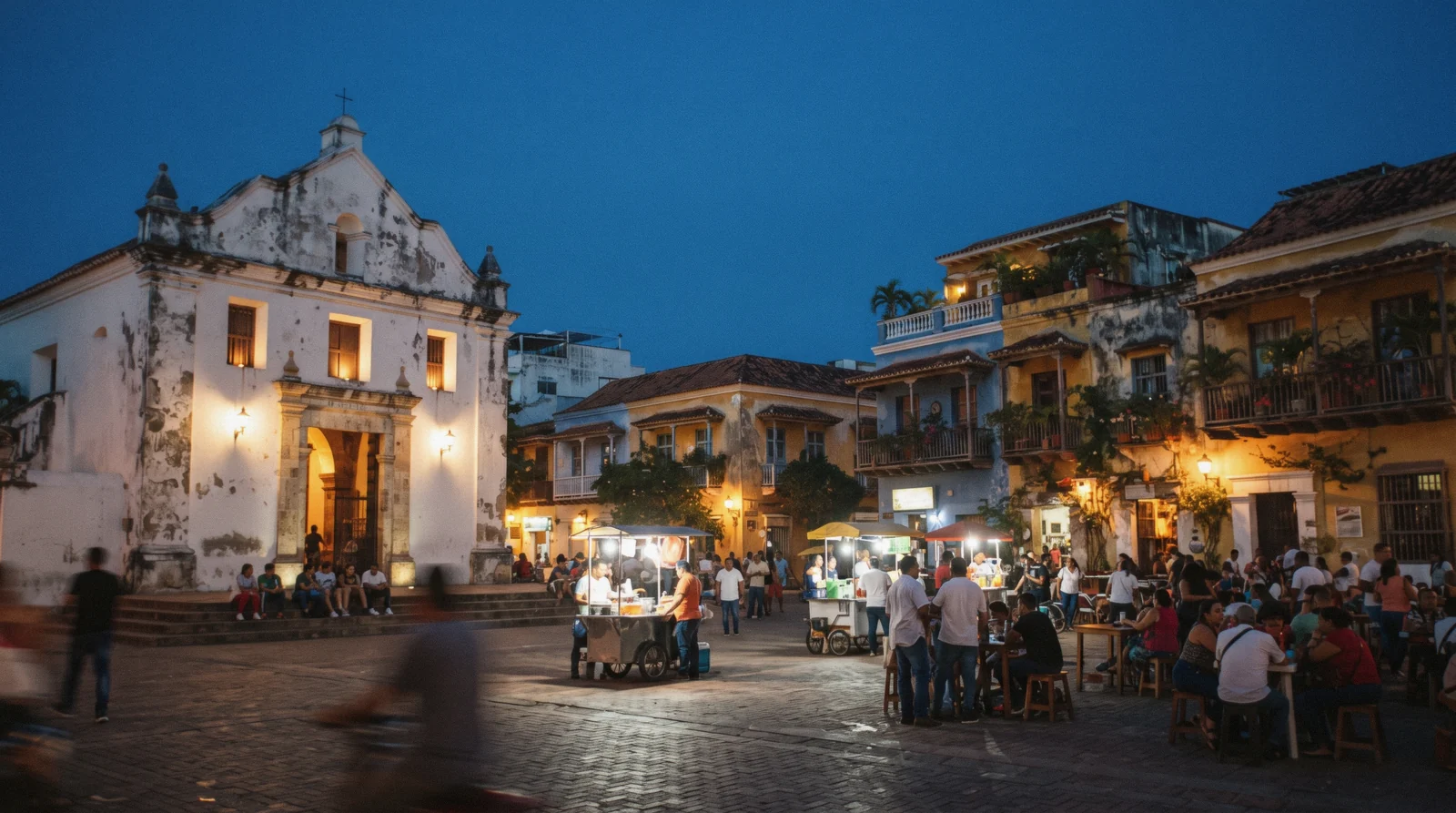 Evening crowd and food carts on Plaza de la Trinidad in Getsemaní, Cartagena