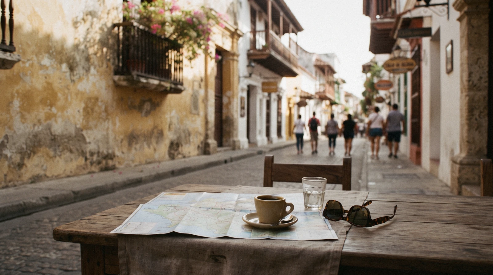 A traveller's notebook and map view of the Walled City ramparts for Cartagena travel planning