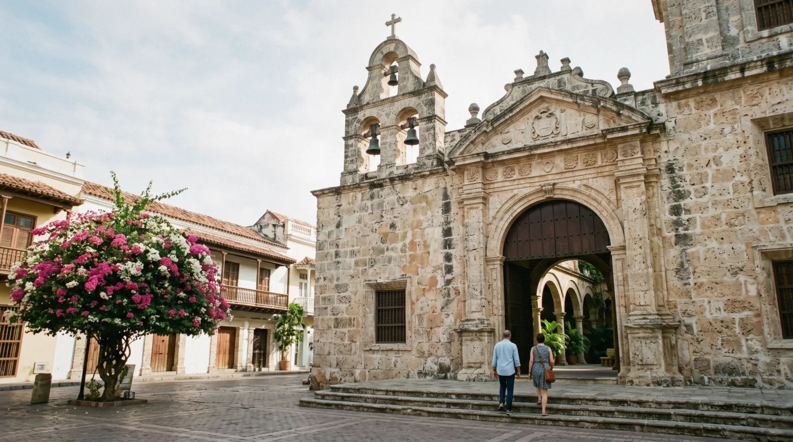 Colonial stone facade and bell tower of the San Pedro Claver church in the Walled City of Cartagena