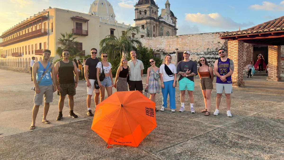 Colonial balconies and plazas of the Walled City on a shared historic walking tour in Cartagena, Colombia