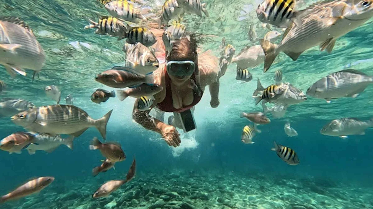 Turquoise water off Playa Blanca on a Rosario Islands and Baru snorkeling excursion from Cartagena, Colombia